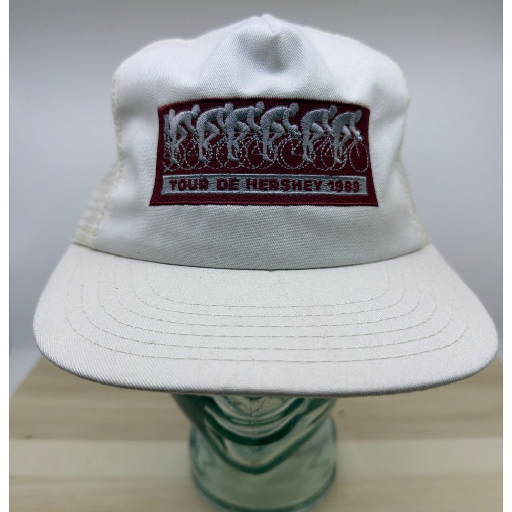 Vintage 1989 Tour de Hershey Cycling Trucker Hat White Snapback Made‎ in USA